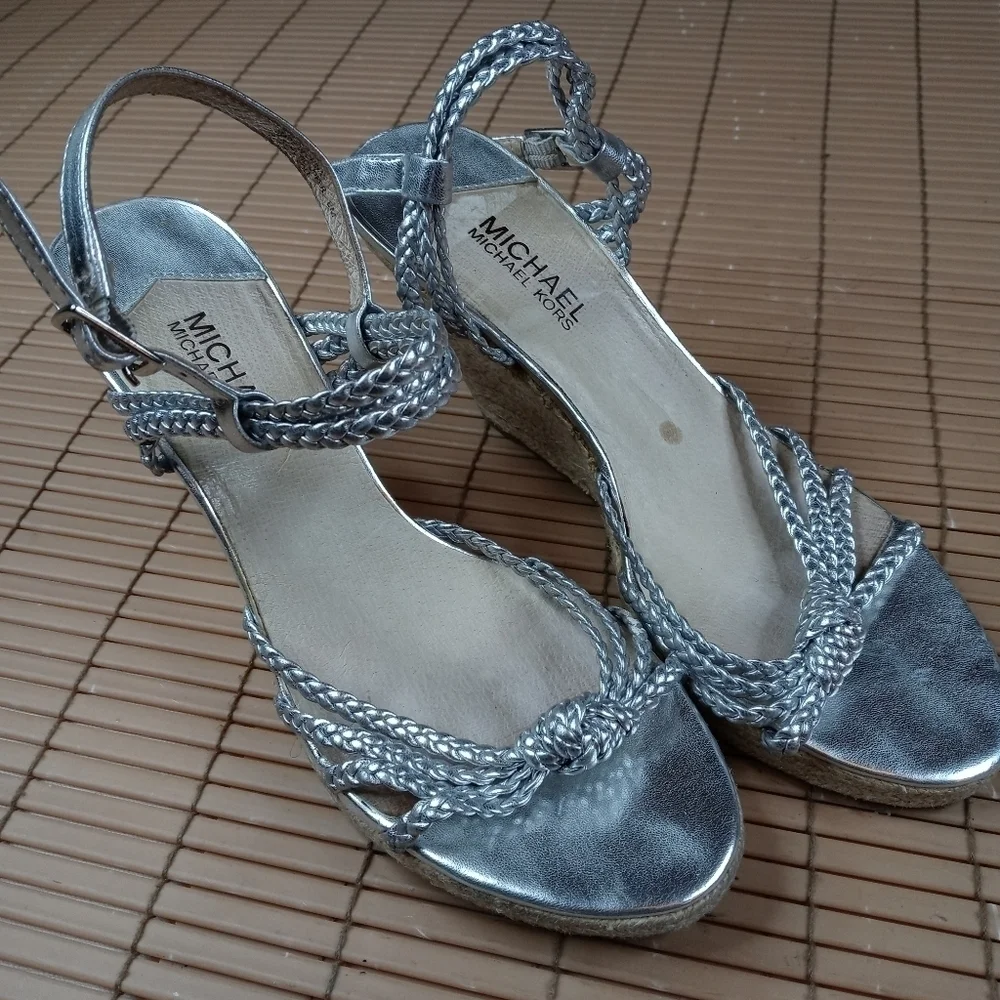 Michael Kors women's platform espadrille braided silver buckle straps. 4